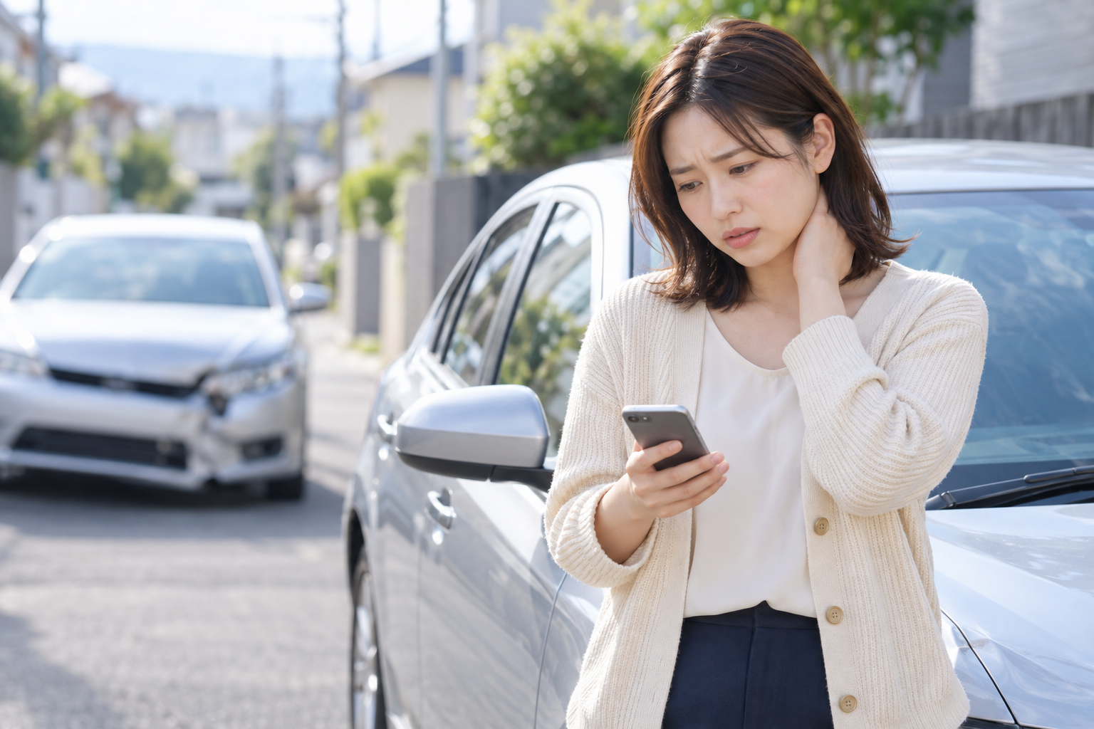 事故後、車のそばで首に手を添え、スマートフォンを見ながら困っている女性のイメージ（AI生成）