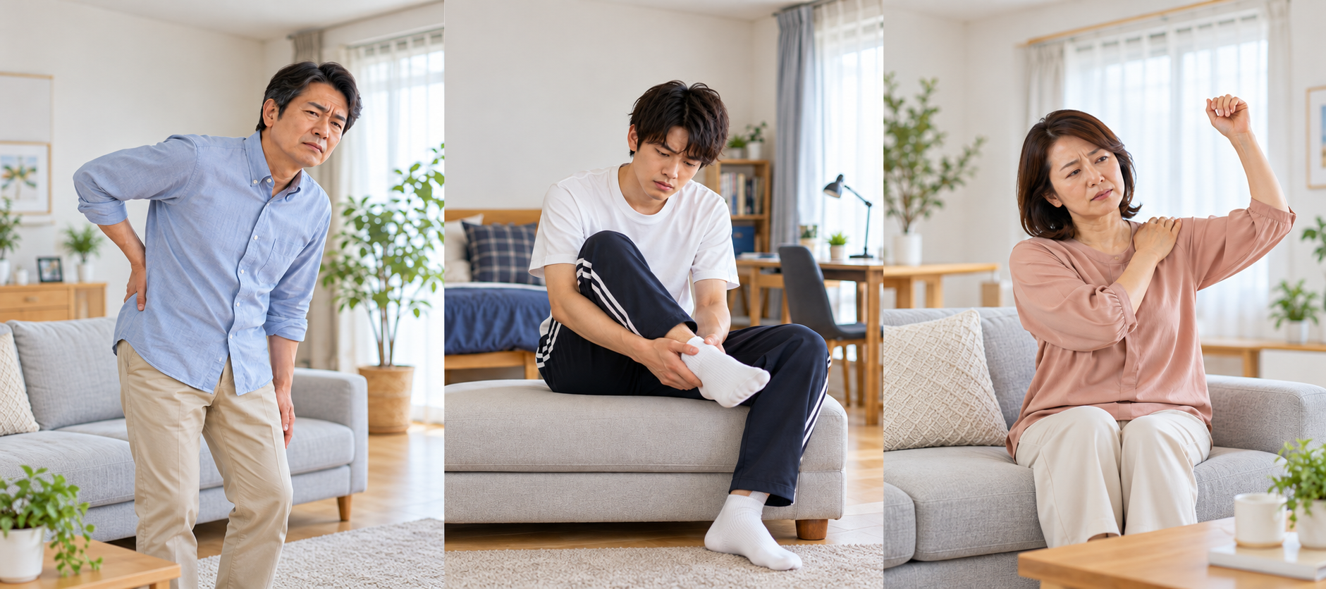 腰を痛めた40代男性、足首が痛む男子学生、肩を上げづらい50代女性の症状イメージ（AI生成）