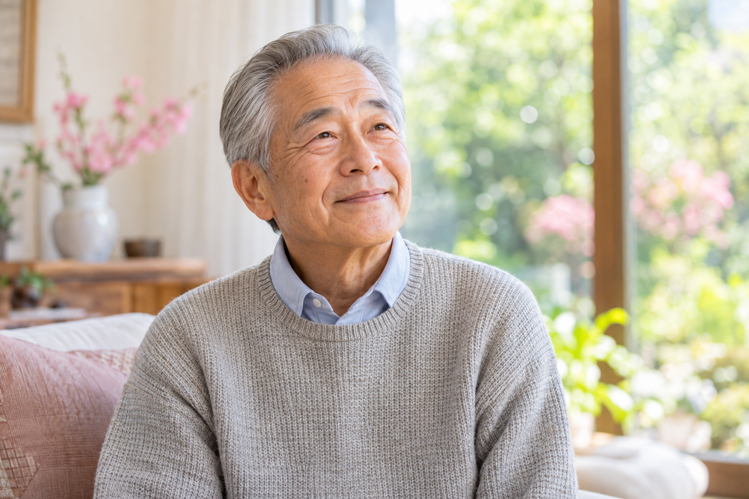 住み慣れたご自宅で穏やかに微笑むおじいちゃんのイメージ